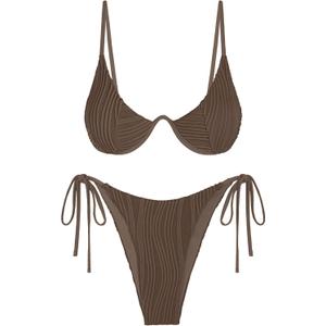 ZAFUL Women's Bikini Sets Ribbed Two Piece Swimsuits Underwire Adjustable Back Clasp Bathing Suit Side Tie Thong Swimwear (X-Large, Deep Coffee)