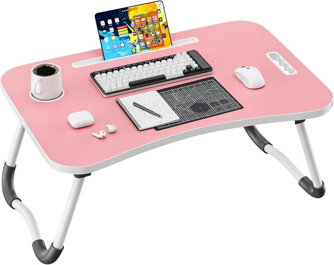 Folding Lap Desk, 23.6 Inch Wood Laptop Bed Desk with Cup Holder, Portable Bed Table for Working Writing Reading & Eating for Bed, Sofa, Couch, Floor - Pink