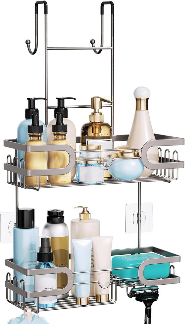 HapiRm Shower Caddy over Door- Hanging Shower Organizer with 14 Hooks and Soap Holder, Rustproof & Waterproof Stainless Steel Bathroom Shelf - Brushed Nickel (2-tier)