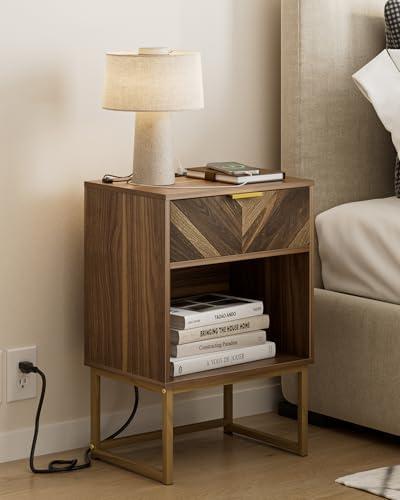 Masupu Nightstand with Charging Station,Modern Night Stand Boho Farmhouse Wood Bedside Table with Storage Drawer Side End Table for Bedroom,Living Room,Office,Walnut Brown with Outlet Masupu Nightstand with Charging Station,Modern Night Stand Boho Farmhouse Wood Bedside Table with Storage Drawer Side End Table for Bedroom,Living Room,Office,Walnut Brown with Outlet