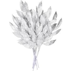 Sea Team 6-Pack Artificial Glitter Leaf Ornaments, Decorative Sticks, Glittery Twigs, Stems, Picks, Branches for Christmas Tree, Wreath, Vase Fillers for Centerpieces, Home Dcor, Silver