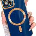 OOK Magnatic Case for iPhone 12 Pro Case [Compatible with MagSafe] Full Camera Lens Protector Gold Electroplate Edge Soft TPU Shockproof Protective Phone Case for Women Men 6.1 Inch - Blue