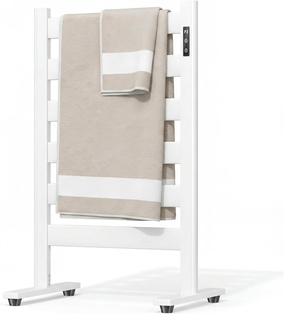 Freestanding Heated Towel Rack Large Capacity, 6 Bars, PTC Fast Heating, Adjustable LED Timer, Auto Shut-Off,High Temperature,Matte White,for Bathroom & Home