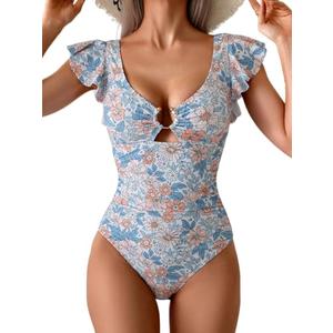 Eomenie Women's One Piece Swimsuit Tummy Control Bathing Suit Cutout Ruffle Slimming Swim Suit S