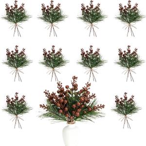 Geosar 24 Pieces Brown Copper Christmas Artificial Greenery Pine Branches Small Holly Artificial Berries Picks Bulk for Crafts Wreath Decoration Xmas Tree Party Gift for Christmas Holiday Decor