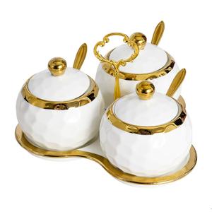Golf Porcelain Sugar Bowl Condiment Pot Salt Container with Lid, Spoon and Tray, Set of 3, Modern Spice Box Seasoning Jar, White and Gold