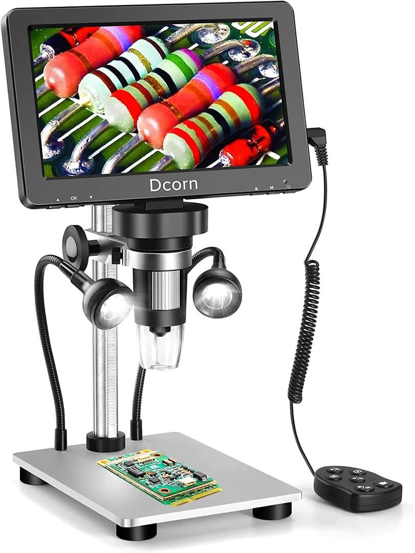 7'' Digital Microscope 1200X, Dcorn 12MP 1080P Photo/Video Microscope for Adults Soldering Coins, Metal Stand, Wired Remote,10 LED Fill Lights,PC View, Windows/Mac Compatible (Silver)