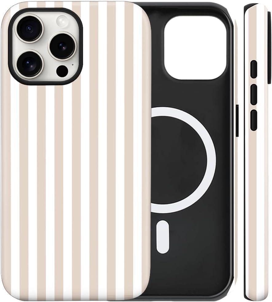 Magnetic for iPhone 16 Pro Case Cute Stripes Phone Case, Shockproof Slim TPU and Hard PC Protective Phone Cover Compatible with MagSafe Designed for Women Girls, Apricot