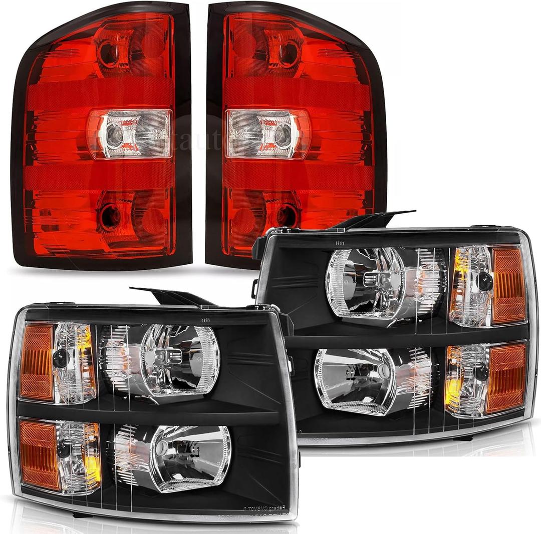 Headlights Tail Lights Combo Compatible with Chevy Silverado 1500 2007 2008 2009 2010 2011 2012 2013 Chevrolet 2500 3500 HD 2500HD 3500HD Replacement Headlight Rear Brake Lamp Assembly, Black (Black Housing Amber)