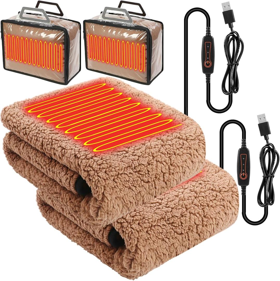 Tuanse 2 Pcs USB Heated Blanket 25"x 35" Heated Car Blanket 5V Portable USB Electric Throw 3 Heat Setting Electric Throw with Timer Temperature Controller for Car Winter Home Office(Khaki,Lambswool)