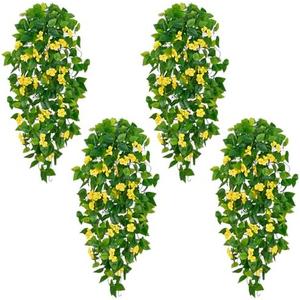 BLEUM CADE Artificial Hanging Flowers for Outdoors, 4pcs Fake Hanging Plants Pothos Vines with Yellow Flowers for Wall Home Living Room Indoor Outdoor Decor (No Baskets)