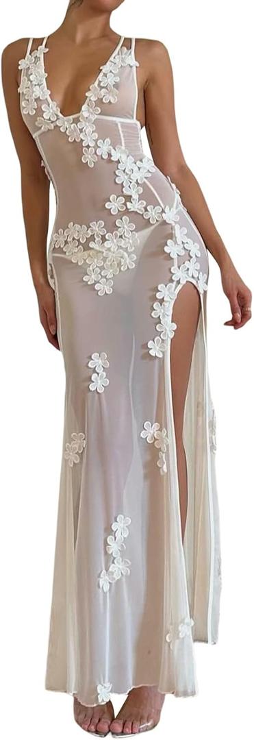 Sexy See Through Sheer Lace Maxi Dress Patchwork Backless Bodycon Long Dresses Beach Vacation Party Wear (Small, Floral High Slit White)