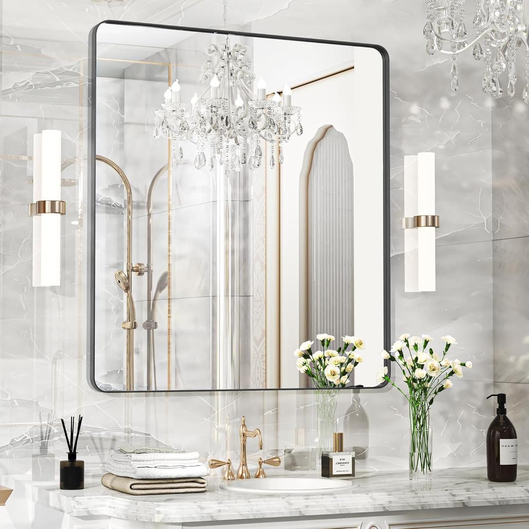 Fun Memories Black Bathroom Mirror 40"X36" Bathroom Vanity Mirror, Metal Black Frame Large Mirror, Modern Wall Mirror for Bathroom, Tempered Glass, Farmhouse Mirror, Horizontally or Vertically (40"L x 36"W, Black)