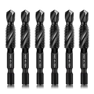Drill & Tap Bits Set of 6pcs - 6 SAE Sizes: 6-32NC to 1/4-20NC, 6 Metric Sizes: M3 to M10 and a Quick-Change Adapter – Combine Drilling Tapping Threading Countersinking Functions in One Bit, Black