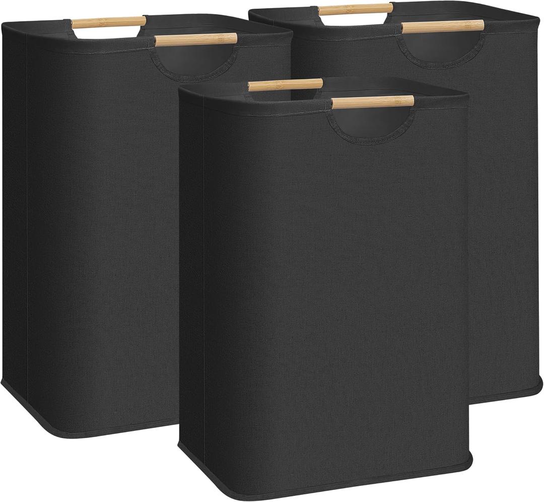  3-Pack Large Laundry Hamper, 80L (21.1 Gal) Collapsible Laundry Basket with Bamboo Handles, Freestanding Waterproof Clothes Hamper for Laundry Room, Bedroom, Dorm, Towels, Toys, Black