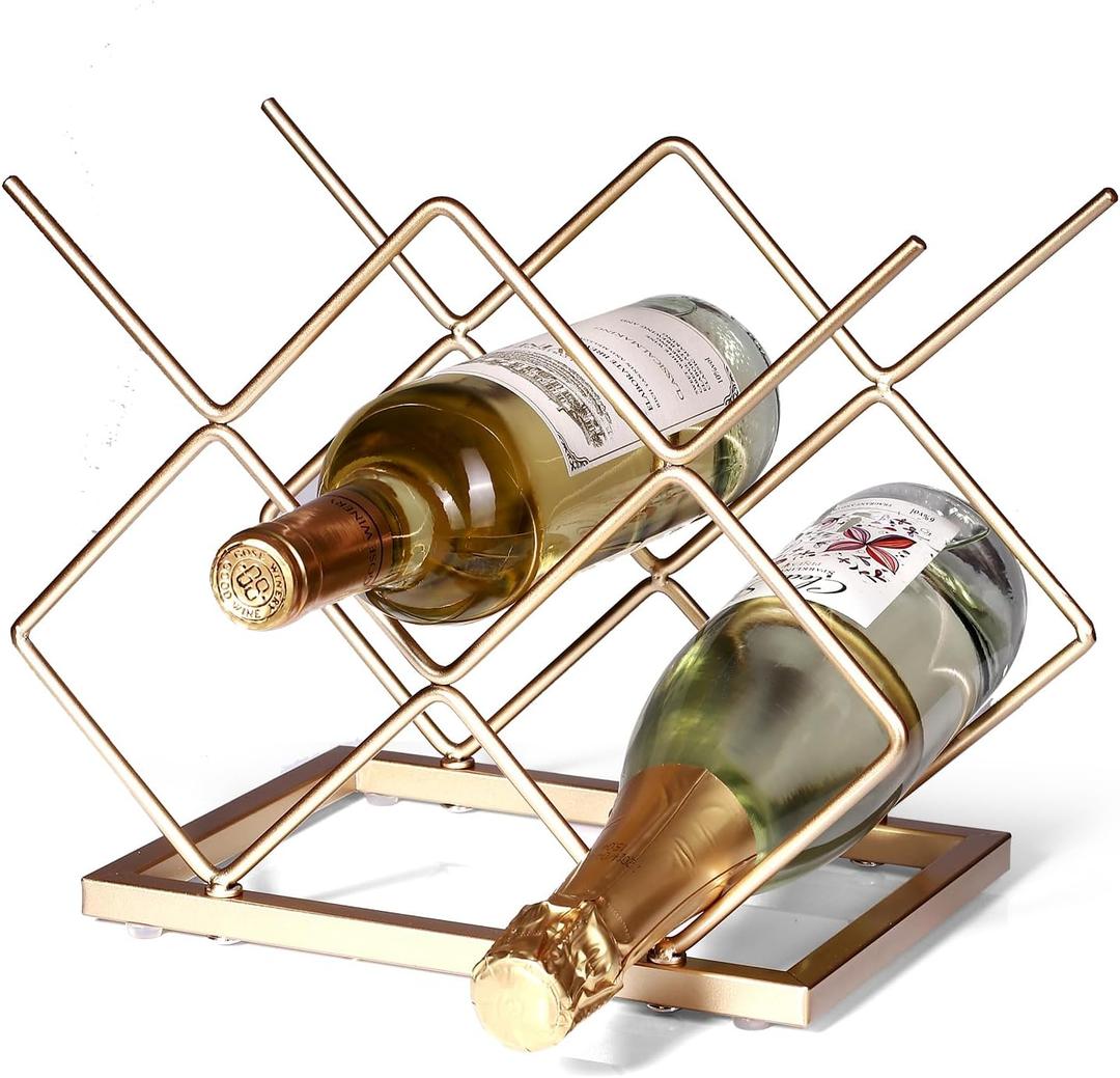 Countertop Rack - 5 Bottle Freestanding Modern Gold Metal Small Rack - Tabletop Holder Stand for Cabinet, Pantry, Bottle Storage (Large Size-Gold 5btl)