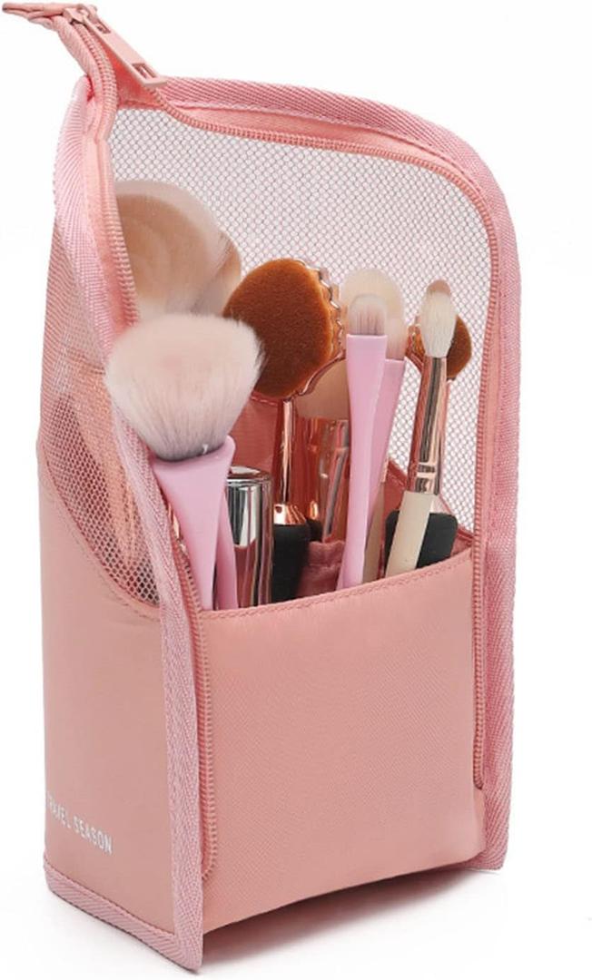 Makeup Brush Travel Case Stand Up, High Capacity Makeup Organizer Portable Travel Makeup Brush Holder (Pink)
