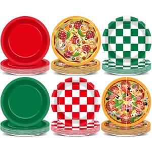 60PCS Pizza Theme Birthday Party Plates Red Green White Pizzas Checkered Disposable Paper Dessert Plates for Italian Pizza Birthday Decorations Party Tableware Set for Kids BBQ Picnic Supplies
