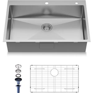 15-Inch Drop in Kitchen Sink Handmade Topmount 18 Gauge 304 Stainless Steel Single Bowl Kitchen Sink with Accessary in 15"Lx15"Wx10"D