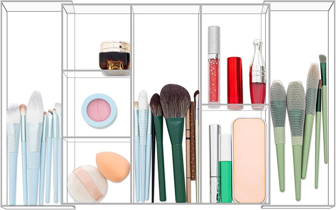 Tranqun Expandable Makeup Drawer Organizer 11~19" W x 11.8'' L x 1.8'' H Clear Acrylic Makeup Organizer Tray 8 Compartments Adjustable Vanity Storage Containers for Cosmetics Jewelry Kitchen Office