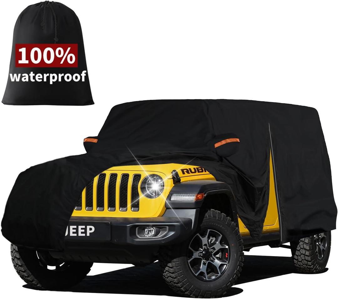 7 Layers Car Cover Custom Fit Jeep Wrangler 2 Door JK JL CJ YJ TJ Sahara 1987-2025, Heavy Duty Waterproof All Weather Full Exterior Cover Outdoor Protection with Door Zipper & Cotton, Black