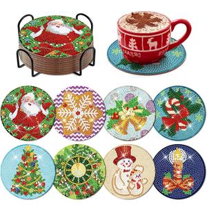 8 Pcs Christmas Diamond Coaster Coasters Kits with Holder DIY Xmas Santa Diamond Art Coaster Non Slip Coaster for Adults Diamond Kits Supplies for Christmas Holiday Present