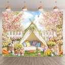 8x6ft Fabric Spring Easter Tent Backdrop Bunny Colorful Eggs Garden Flower Butterfly Fence Photography Background Kids Party Festival Party Decor Photo Props