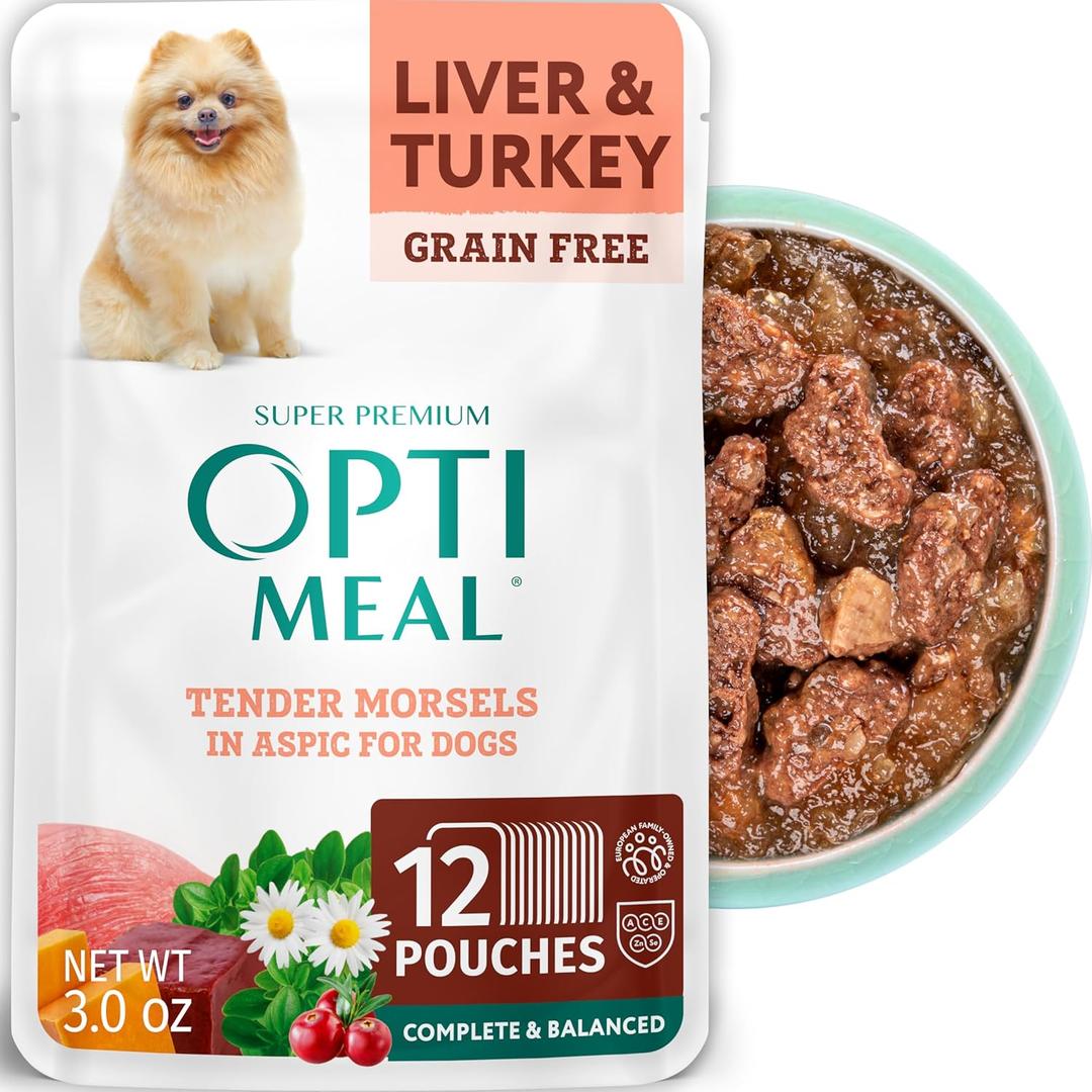 Optimeal Wet Dog Food Pouches - Grain Free Liver & Turkey Recipe, High Protein, Tender Morsels in Aspic Made with Natural Ingredients for Adult Dogs, Premium Nutrition - 3 oz, Pack of 12, Best Before: 07/NOV/2026