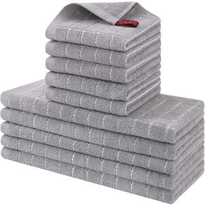 Homaxy Kitchen Towels and Dishcloths Set, Set of 10, Light Grey | Bulk Cotton Terry Kitchen Towels, Checkered Designed, Soft and Super Absorbent Dish Towels, 12 x 12 and 13 x 28 Inches