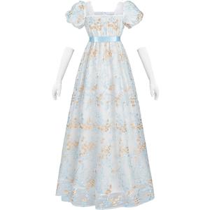 NSPSTT Golden Regency Dresses for Women 1800s Vintage Dress Victorian Ball Gown with Gloves, Blue, L