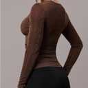 SOLY HUX Women's V Neck Cut Out T Shirt Long Sleeve Ruched Tee Slim Fitted Going Out Tops (Brown, Large)