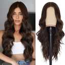 NAYOO Long Brown Wavy Wig for Women 26 Inch Middle Part Curly Wavy Wig Natural Looking Synthetic Heat Resistant Fiber for Daily Party (Brown with Highlights)