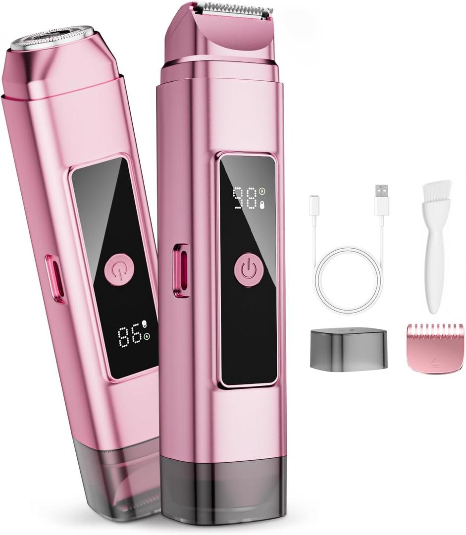 Bikini Trimmer for Women Electric Razors, Electric Razor 2 in 1 Shaver Pubic Hair, LED Display with IPX7 Waterproof - Rechargeable Lady Trimmer for Underarm Body Leg Face - Carmine Pink