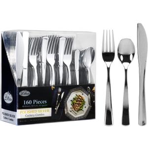 Plastic Cutlery Silverware Extra Heavyweight Disposable Flatware, Full Size Cutlery Combo, Polished Silver, 80 Forks, 40 Spoons, 40 Knifes, Value Pack 160 Count