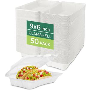 Freshware Clamshell Food Containers with Lids [9x6 50-Pack] Disposable To Go Containers, Biodegradable Sugarcane To Go Boxes - Paper Container - Microwave & Freezer Safe, Stackable