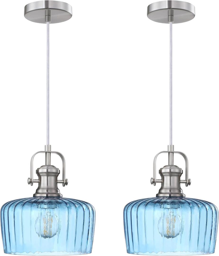 2 Pack Hanging Indoor Farmhouse 9" Blue Glass Pendant Light Brushed Nickel