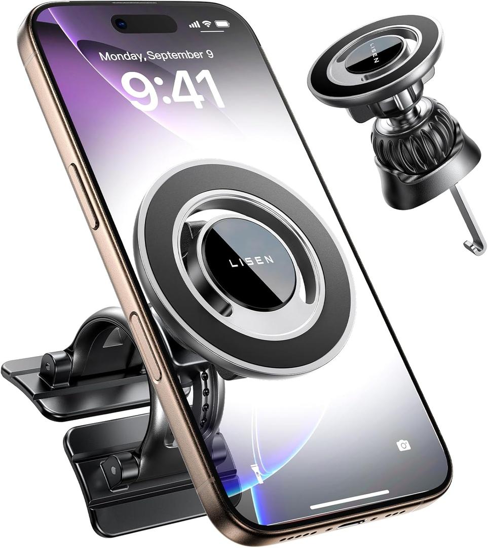 LISEN for MagSafe Car Mount [360° Rotation] Magnetic Phone Holder for Car Vent Phone Mount, Hands Free Phone Mount for Car Accessories, Phone Car Mount for iPhone Includes Vent/Dashboard Mount, Black