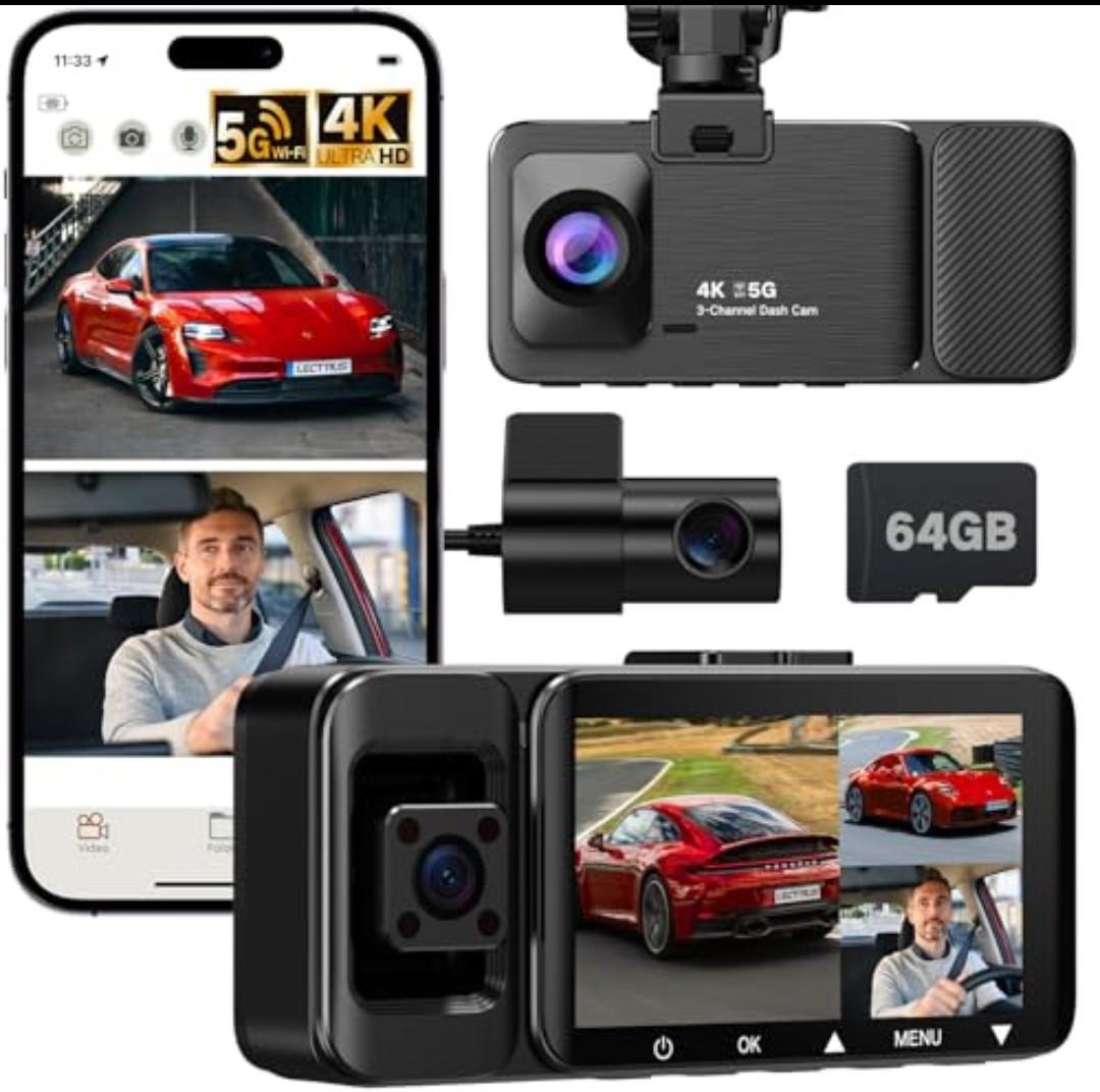 3 Channel Dash Camera for Cars, 4K UHD Dash Cam Front and Rear Inside with 64GB Card, 170°+150°+140° Wide Angle Recording, G-Sensor, Loop Recording, 24H Parking Monitor, Night Vision, 5GHz WiFi