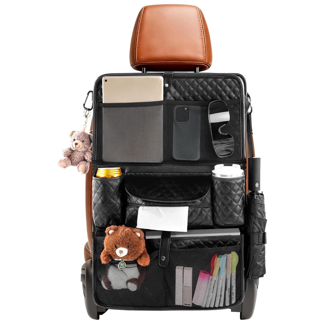 Rosynee Car Backseat Organizer with Foldable Table Tray - 11 Storage Pockets PU Leather Back Seat Organizer with Tablet Holder, Seat Back Protector for Kids Family Road Trip Travel Accessories (Beige)