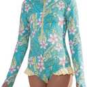 GRACE KARIN Girls One Piece Swimsuits Long Sleeve Bathing Suits Swimwear 5-14Y (7-8 Years, Light Green Floral)