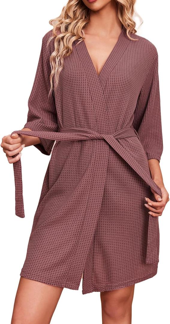 Ekouaer Robes for Women Waffle Knit Bathrobe Soft Lightweight Knee Length Loungewear S-XXL (Medium, Gray Purple)