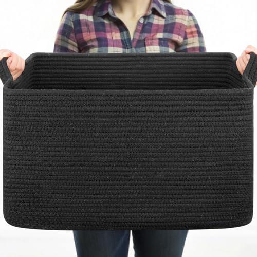 OIASKET Large Blanket Basket, Black Blanket Storage Living Room, Rectangle Woven Baskets for Storage Toys, Towels, Dirty Clothes Organizer Bins (Black) 19.7"x15.8"x11.8"