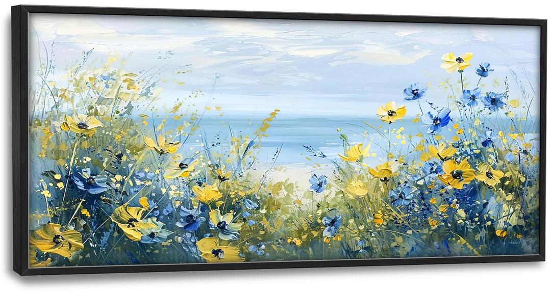 Beach Floral Large Wall Art Teal Flower Pictures Wall Decor Coastal Seascape Canvas Painting Modern Artwork Home Decoration for Living Room Bathroom Bedroom Office Framed 60"x30"