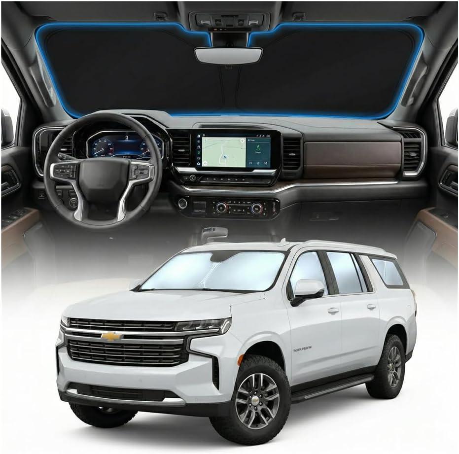 for Chevy Suburban Sun Shade Windshield Cover - Custom Fit Suburban Accessories 2021-2024 2025 Sunshade Foldable UV Protection & Heat Shield Sun Visor Accessories