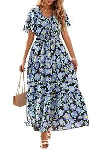 KIRUNDO Spring Summer Wedding Guest Dresses for Women 2026 Boho Floral Short Sleeve V Neck Ruffle Tiered Flowy Maxi Dress (Blue, Medium)