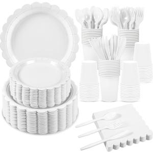 350 Pcs White Paper Plates and Napkins, 50 Guest White Party Supplies Include Scalloped Plates Paper Napkin Cup Plastic Spoon Fork Knive for Baby Shower, Wedding, Birthday