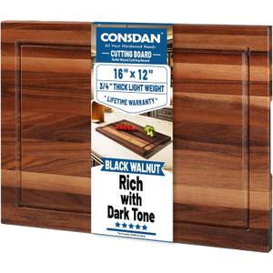 CONSDAN Wood Cutting Board for Kitchen, 16 x 12, USA Grown Solid Black Walnut Hardwood, Edge Grain, Chopping Board, Butcher Block with Juice Groove, Prefinished with Food-Safe Oil, 3/4" Thick