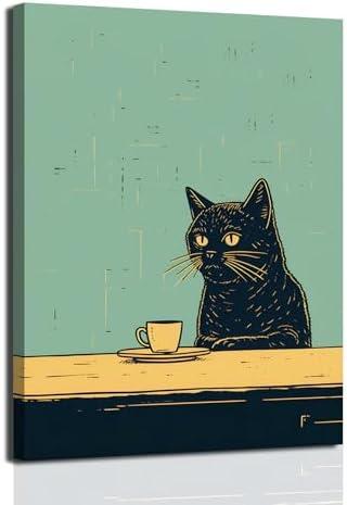 Funny Black Cat Wall Art Cute Cats With Coffee Wall Decor Paintings Eclectic Animal Meme Canvas Poster Prints Aesthetic Whimsical Pet Kitty Picture for Dining Room Cafe Kitchen Framed 16x24 inch