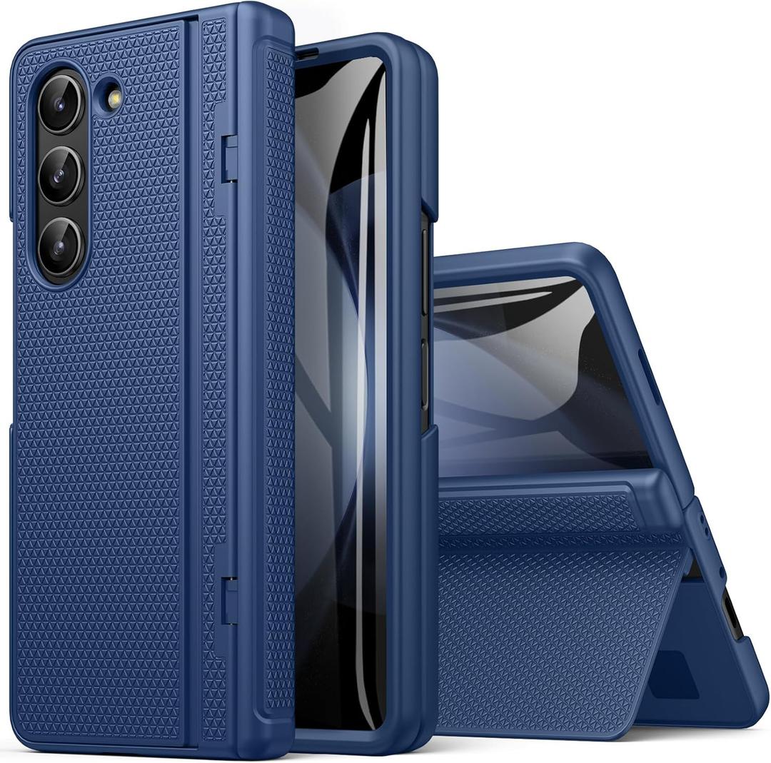for Samsung Galaxy Z Fold 5 Case with Hinge Protection & Kickstand, Front Glass Screen Protector, Slim & Rugged, Hard Full Cover, Daily Protective Phone Case for Samsung Z Fold 5 5g 2023, Blue