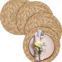 Aneco 4 Pack 13.8-Inch Round Woven Placemats Natural Hand-Woven Boho Rattan Wicker Bulrush Placemat Farmhouse Rustic Braided Table Mats for Dining & Kitchen Decor